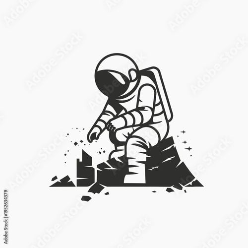 Monochrome illustration of an astronaut in a spacesuit crouching on a rocky alien surface, exploring a new planet or moon.
