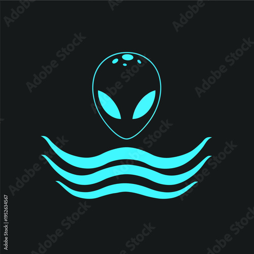 Futuristic glowing blue alien head icon with abstract waves. Minimalist sci-fi extraterrestrial symbol for technology and design.