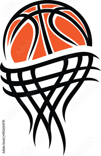 Abstract basketball logo with orange ball and dynamic net trails, Modern basketball sport emblem with stylized lines and movement
