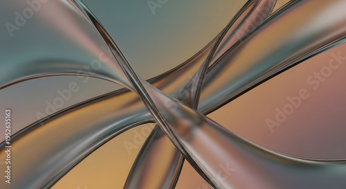 A mesmerizing abstract digital render of iridescent metallic fluid ribbons gracefully intertwining and flowing with smooth reflective surfaces