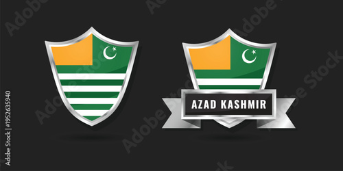Azad Kashmir Flag Shield Emblem Set, Glossy Silver Badges with Ribbon, Azad Jammu and Kashmir Pride Vector Art