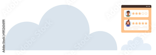 Customer feedback, online ratings, user interface, cloud computing, digital profiles, service evaluation. Profile cards displayed with star ratings. Customer feedback and online ratings visualization