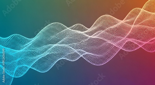 An abstract dynamic wave composed of illuminated particles flows across a vibrant color gradient background