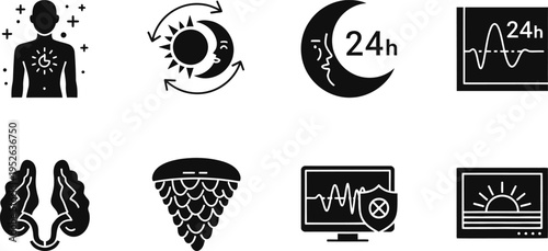 Circadian Rhythm and Sleep Science Icon Set for Biohacking Apps, Melatonin Regulation, Pineal Gland Health, 24-Hour Biological Clock, and Sleep Disorder Therapy - Scalable EPS Vector