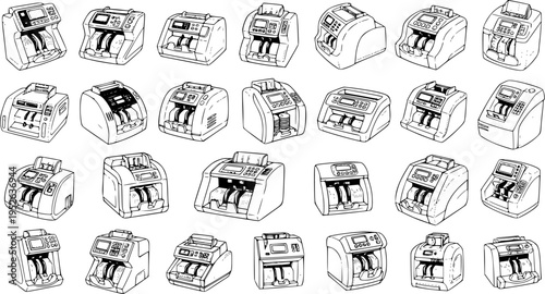Collection of Various Electronic Money Counting Machines, Banknote Bill Counters, Financial Equipment Illustrations