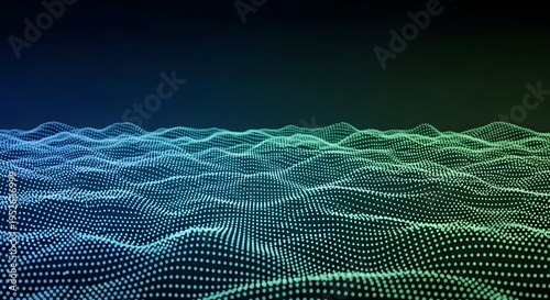 Abstract 3D digital landscape formed by glowing particles showcasing a dynamic wave pattern with a blue to green color gradient