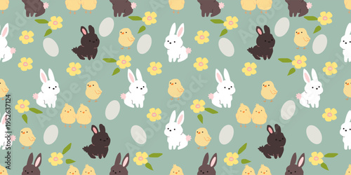 Adorable easter bunnies and chicks seamless pattern