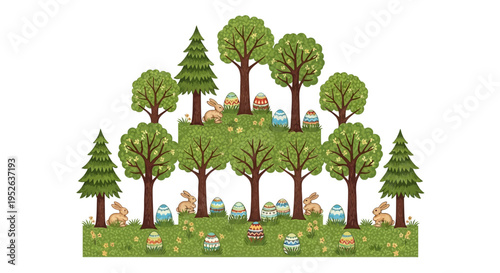 Whimsical easter forest scene with decorative painted eggs cute cartoon bunnies and lush green trees creating a festive and joyful spring holiday atmosphere perfect for seasonal