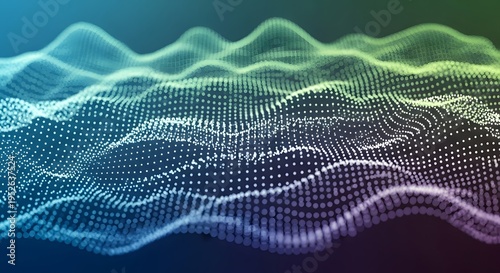 A futuristic digital landscape visualized as an abstract glowing wave of points with a blue to green gradient