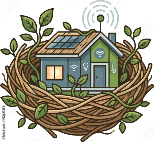 A cozy illustration of a smart eco-friendly house nestled inside a natural woven bird nest design
