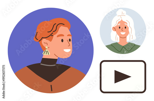 Digital communication, video collaboration, social networking, online profiles, remote conversations, visual media. Two avatar illustrations with a play button icon. Digital communication and video