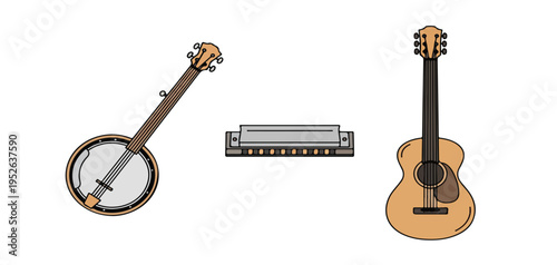 Banjo, harmonica and acoustic guitar in flat illustration style with warm colors on white background for music education