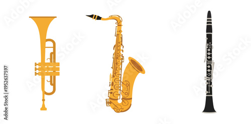 Brass musical instruments in simple isolated style on white background for music education