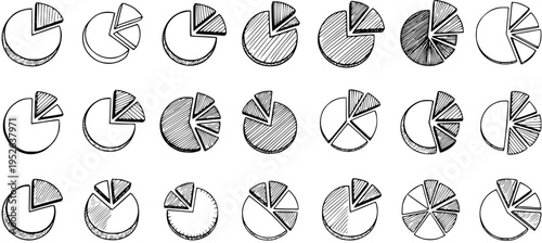 Hand-drawn sketch pie chart collection with various slices and shading styles, perfect for infographic doodles and data visualization concepts on white background.