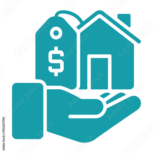 Teal real estate and smart home technology icon representing property value with hand holding house and digital price tag sign
