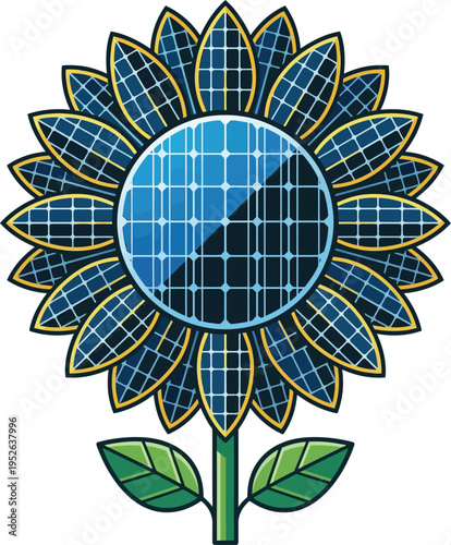 A stylized artistic illustration of a sunflower constructed from blue solar panel grid cells