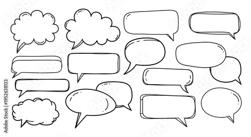 Hand-drawn speech bubbles and thought clouds collection, isolated on white background