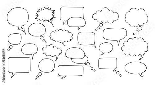 Collection of Hand-Drawn Speech Bubbles and Thought Clouds on White Background