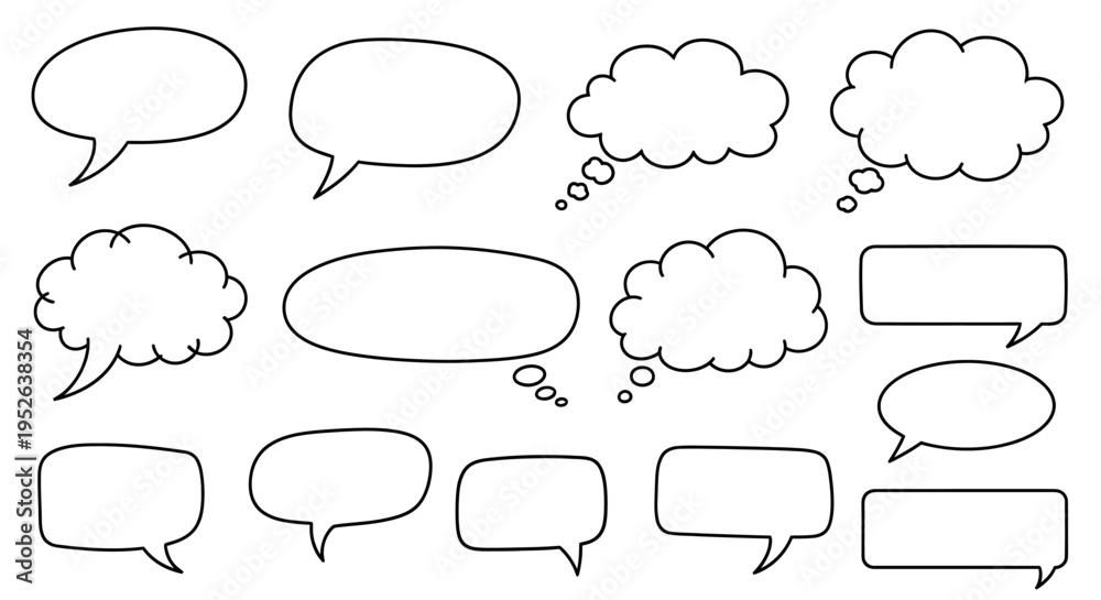 Fototapeta premium Set of Hand-Drawn Speech and Thought Bubbles, Isolated on White Background