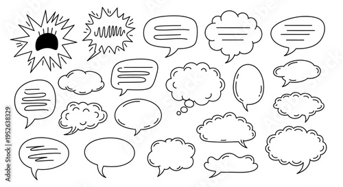 Hand-drawn speech bubbles and thought clouds collection, communication icons