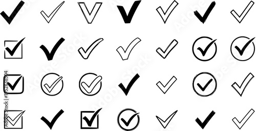 Diverse Checkmark Icons Set: Collection of solid, outlined, boxed, and circled tick marks for approval, completion, correct, yes, and voting symbols in UIUX design.