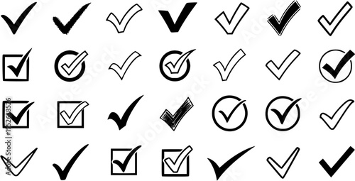 Diverse collection of checkmark icons in various styles, black on a white background. Set of tick marks for approval, completion, and correct selection.