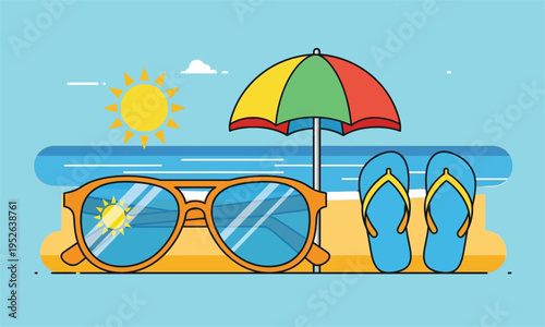 Beach vacation accessories including sunglasses flip flops and umbrella on sandy shore by ocean