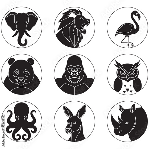 Minimalist Black And White Wild Animal Icons Illustration