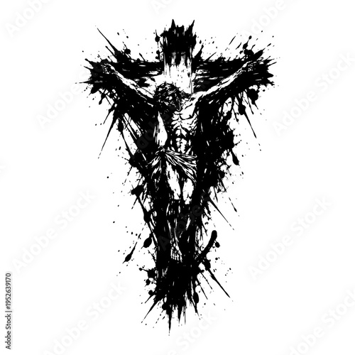 Jesus Christ on the cross crucifixion scene in expressive ink splash style