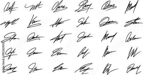 Set of diverse handwritten signatures in a modern, elegant, and dynamic style. Collection of professional-looking autographs for contracts, branding, and personal identity.