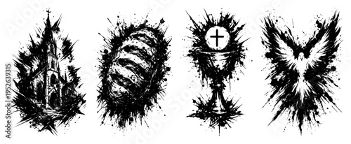 Christian religious icons featuring church bread holy eucharist and dove in grunge hand drawn style