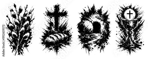 Religious symbols set with wheat cross resurrection tomb and holy chalice in expressive ink style