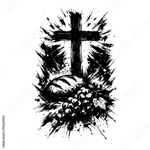 Christian cross with loaf of bread and grapes in high contrast ink splash style