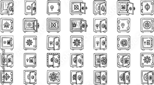 Collection of Hand-Drawn Safes and Vaults in Various Open and Closed Positions, Vector Art