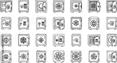 Hand Drawn Collection of Safe Box Illustrations - Open and Closed Security Vaults with Various Locks (Keypad, Dial, Keyhole)
