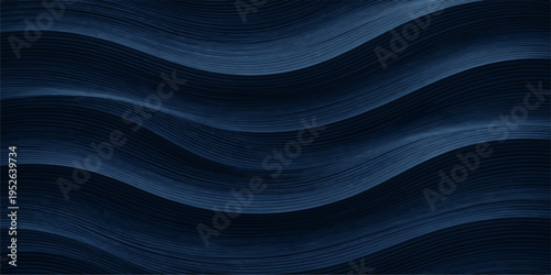 An abstract dark blue and purple wave background features a smooth silk texture with flowing satin curves and shiny lines in a soft motion design for a seamless fabric textile wallpaper