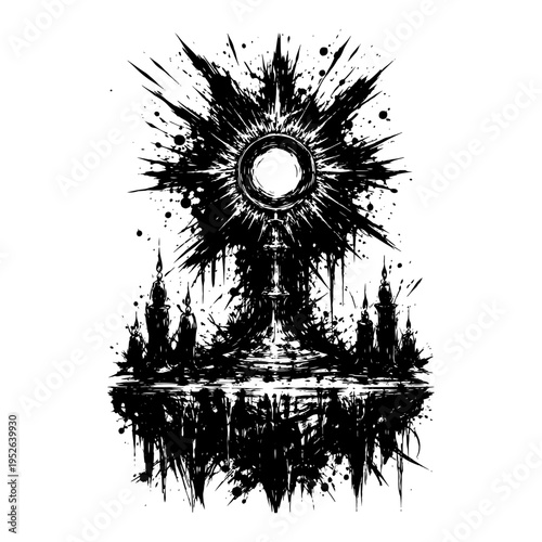 Catholic monstrance with holy host and radiating light in ink splatter style