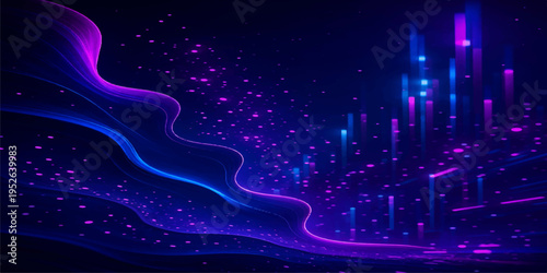 Abstract blue background with glowing wave lines and magic stars creates a festive holiday illustration of a winter night sky and cosmic galaxy space