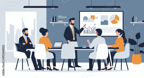 Flat Minimal Style Boardroom Strategy Discussion Vector Illustration