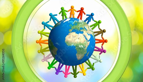 Earth surrounded by diverse figures holding hands, symbolizing global unity