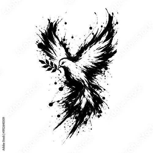 Dove flying with olive branch in expressive ink splatter style