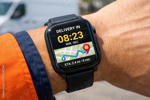 Smartwatch displaying automated delivery system with map and timers for efficient logistics and warehouse management. concept of smart technology, real-time tracking, innovation