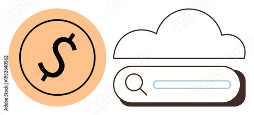 Digital finance, online storage, technology tools, cloud management, file search, investment. Visual includes a dollar sign and a cloud with a search bar. Digital finance and online storage concept