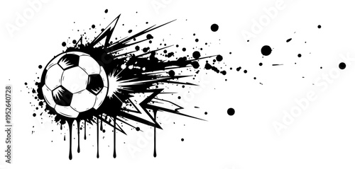 Soccer ball with explosive energy and lightning bolts in dynamic ink splash style