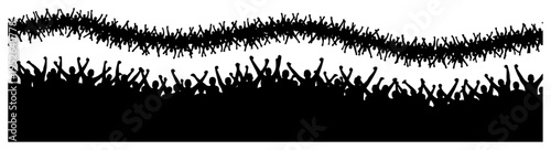 Crowds of people with raised hands cheering at stadium or concert in panoramic silhouette style