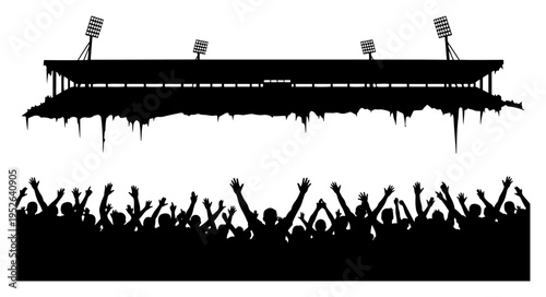 Stadium floodlights and cheering crowd silhouette in flat monochrome style