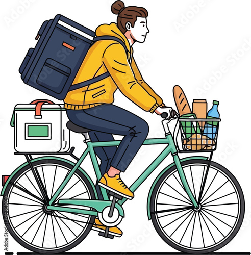 Delivery rider carrying food and packages on bicycle