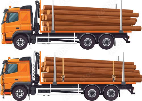 Logging trucks carrying stacks of timber logs