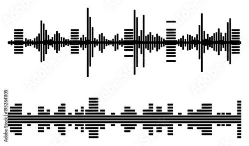 Digital sound wave waveforms featuring horizontal audio equalizer bars in black and white style