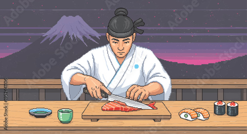 Japanese Sushi Chef Cutting Salmon with Mount Fuji Background Pixel Art